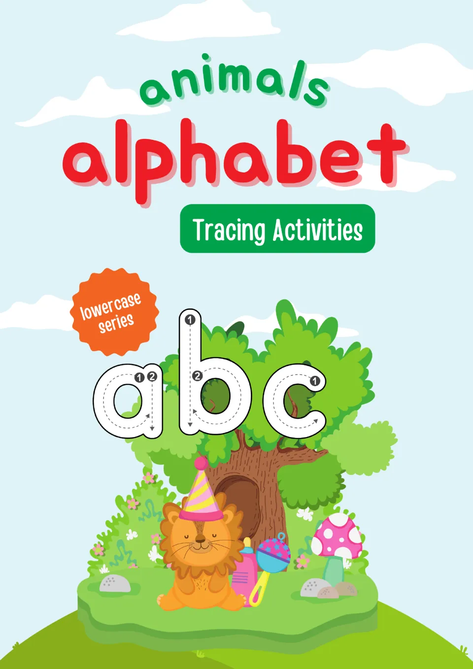 Animals alphabet title page, Tracing Activities, lowercase series: numbered a, b, c tracing letters above a lion