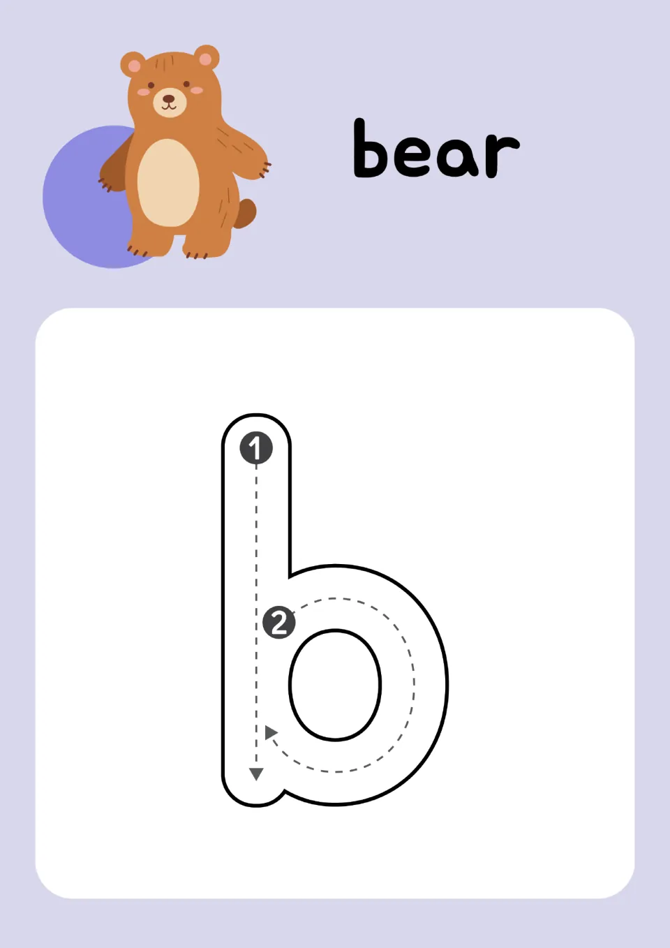 Letter b for bear: students trace lowercase b, a straight line down (stroke 1) then the curve (stroke 2), by its arrows