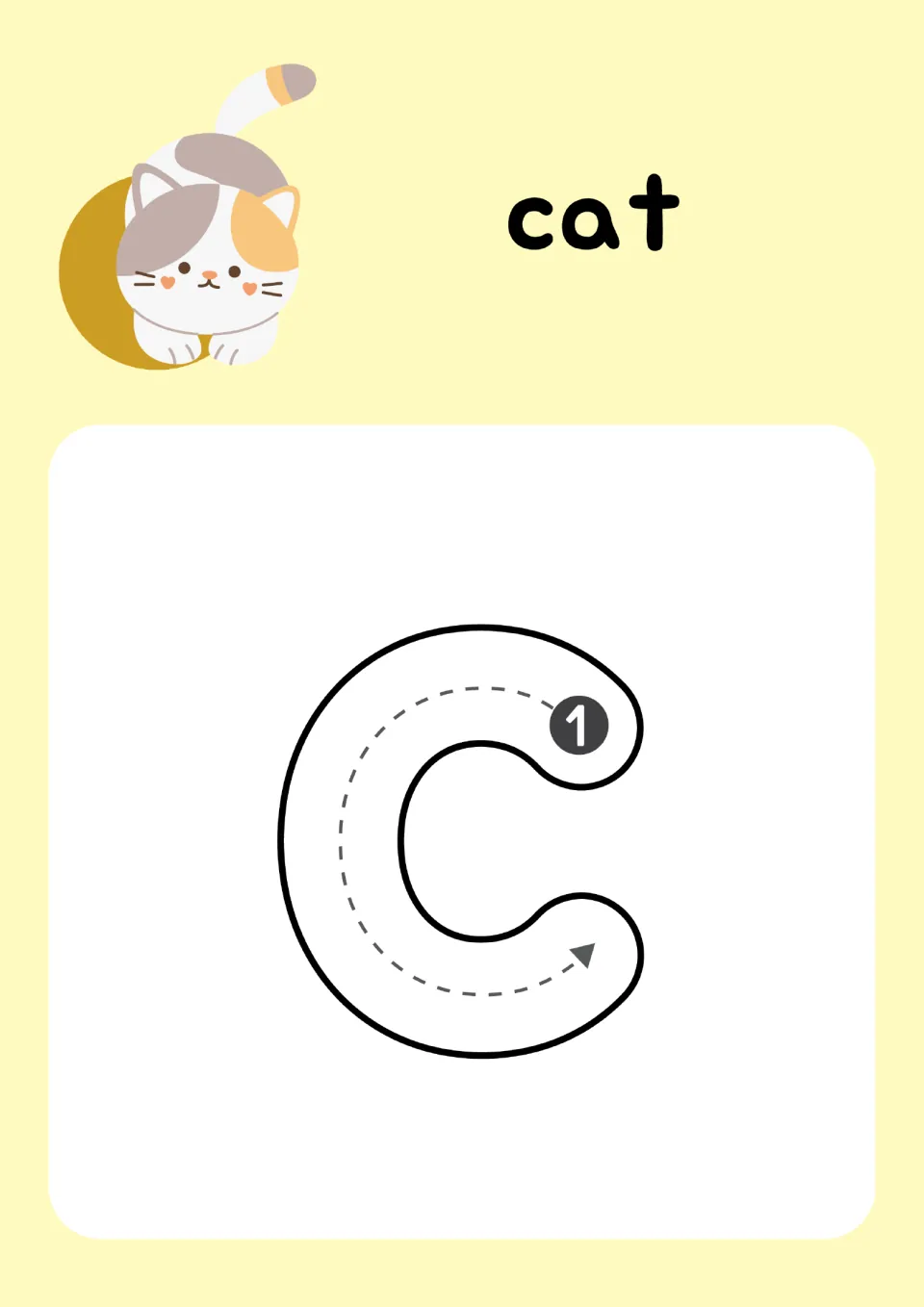 Letter c for cat: students trace lowercase c in a single curved stroke from the numbered start point along the arrow