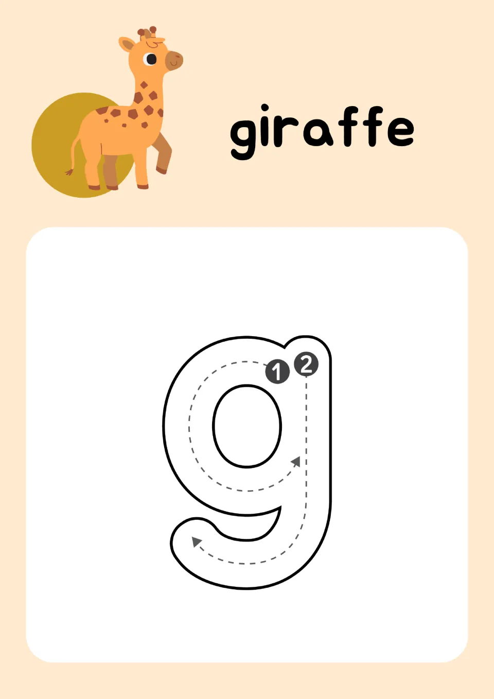 Letter g for giraffe: students trace lowercase g, the circle (stroke 1), then the line down with a tail hook (stroke 2)