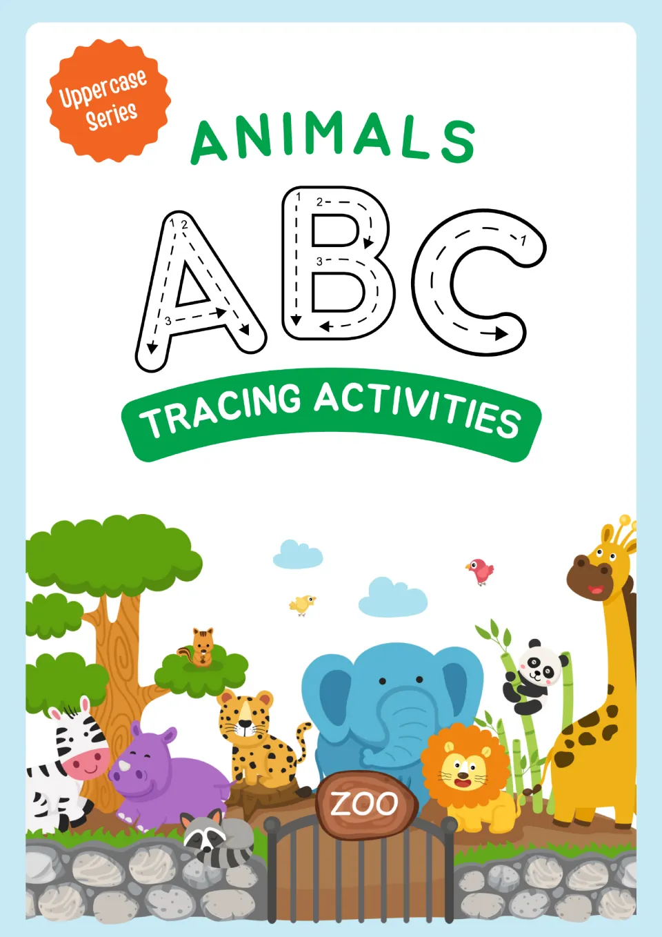 Animal alphabet tracing cover reads 'Uppercase Series' and 'ANIMALS,' with guided uppercase A, B, and C