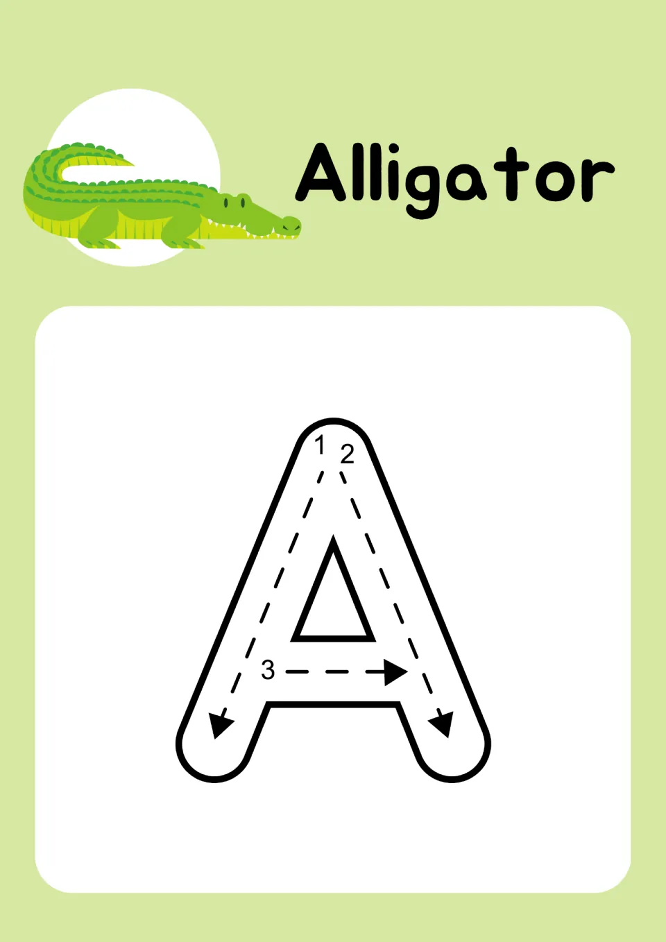 Animal alphabet tracing page for uppercase A pairs 'Alligator' and its picture with three numbered strokes