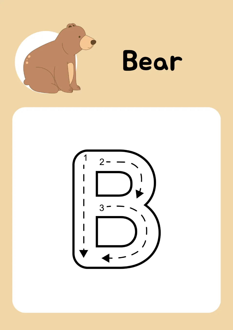Animal alphabet tracing page for uppercase B pairs 'Bear' and a bear picture with three numbered strokes