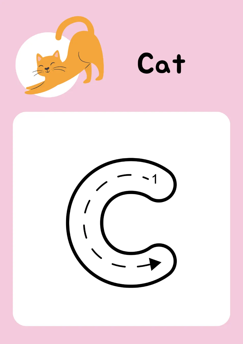 Animal alphabet tracing page for uppercase C pairs 'Cat' and a cat picture with one numbered curved stroke