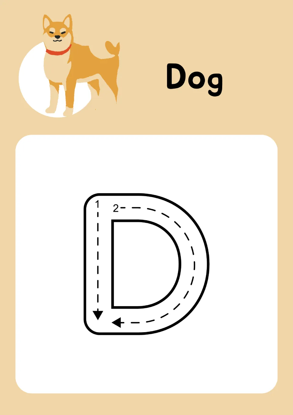 Animal alphabet tracing page for uppercase D pairs 'Dog' and a dog picture with two numbered strokes