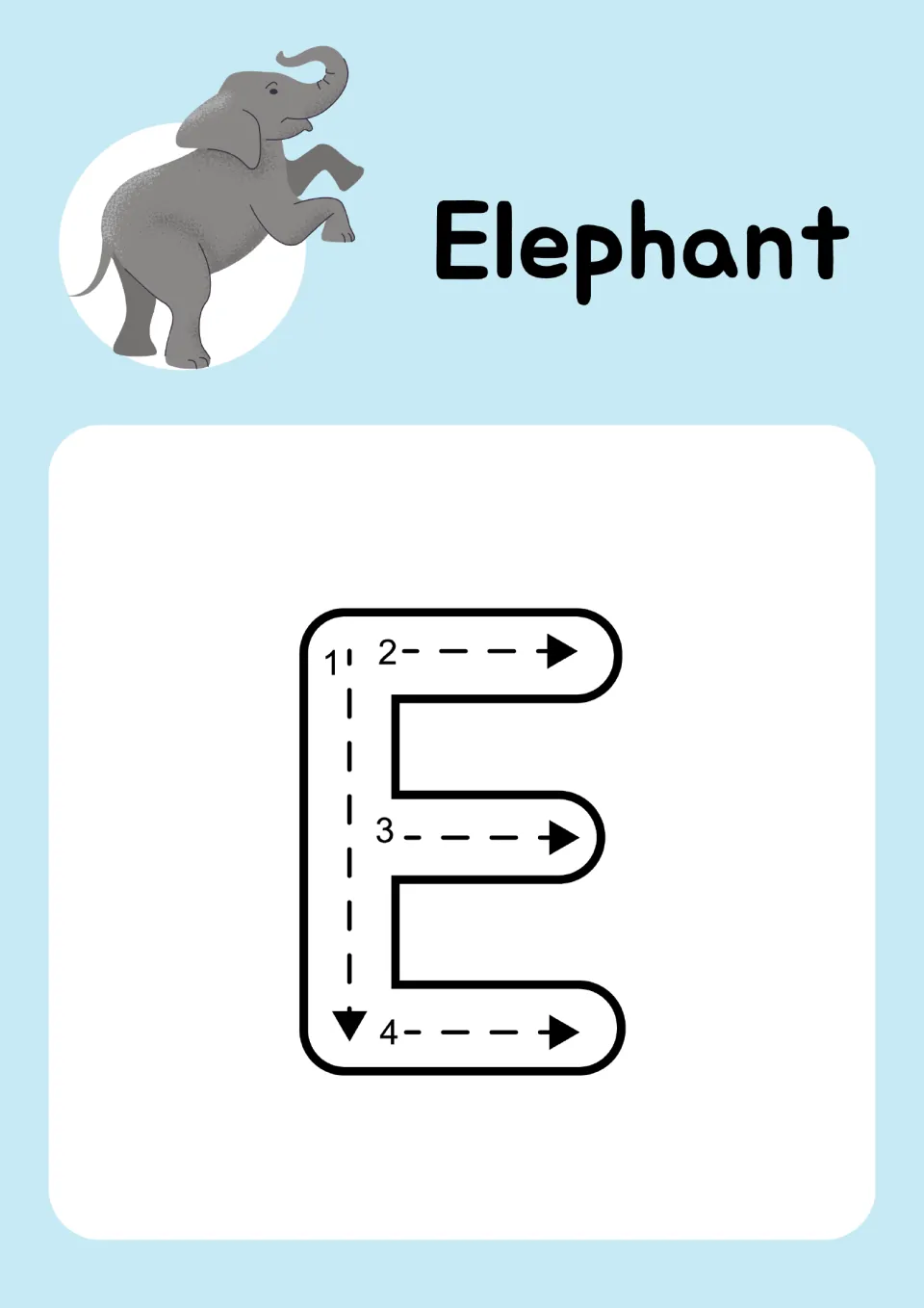 Animal alphabet tracing page for uppercase E pairs 'Elephant' and its picture with four numbered strokes