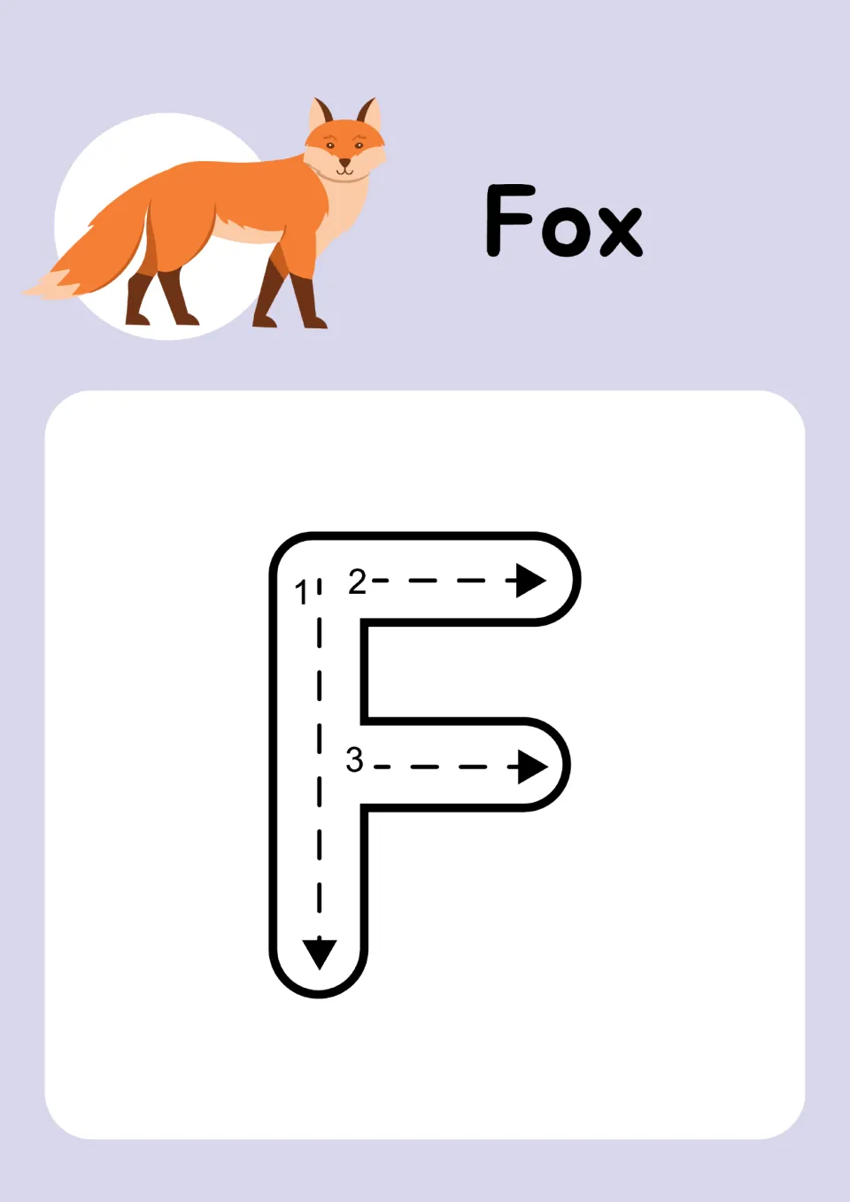 Animal alphabet tracing page for uppercase F pairs 'Fox' and a fox picture with three numbered strokes