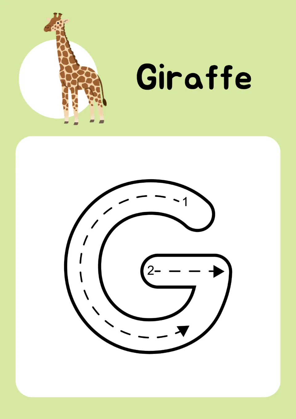 Animal alphabet tracing page for uppercase G pairs 'Giraffe' and its picture with two numbered strokes
