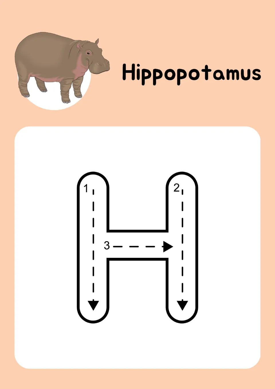 Animal alphabet tracing page for uppercase H pairs 'Hippopotamus' and its picture with three numbered strokes