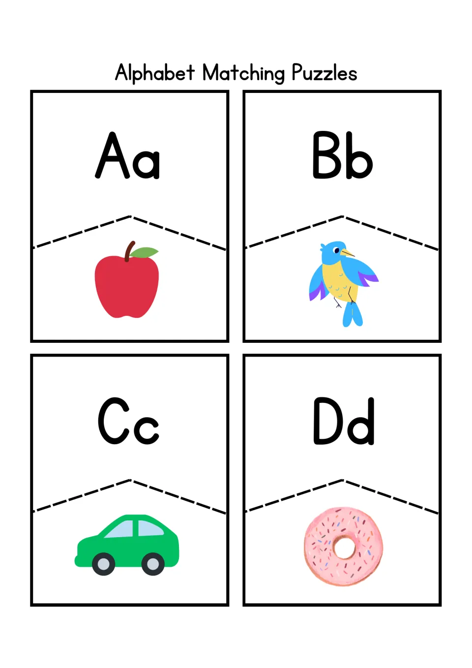 Alphabet matching puzzles Aa to Dd: students cut and join each letter piece to its picture of apple, bird, car or donut