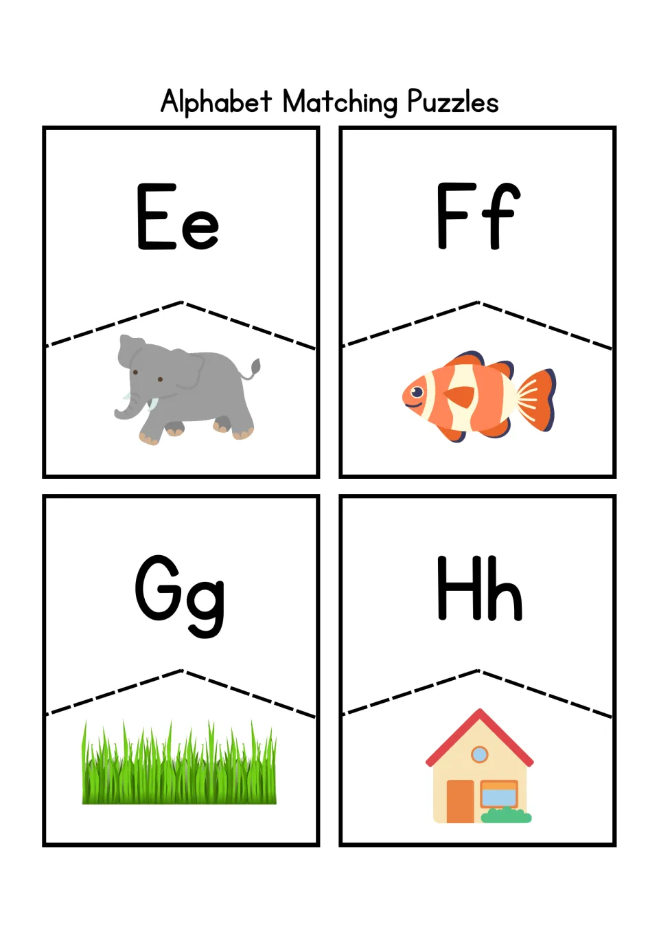 Alphabet matching puzzles Ee to Hh: students cut apart and pair each letter with elephant, fish, grass or house pictures