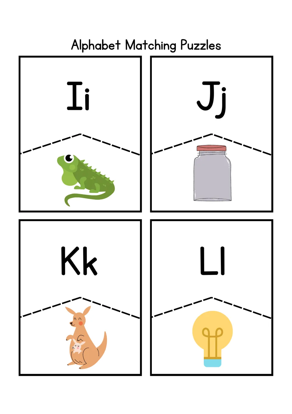 Letter puzzles Ii to Ll: students cut and match each letter to its picture of iguana, jar, kangaroo or light bulb