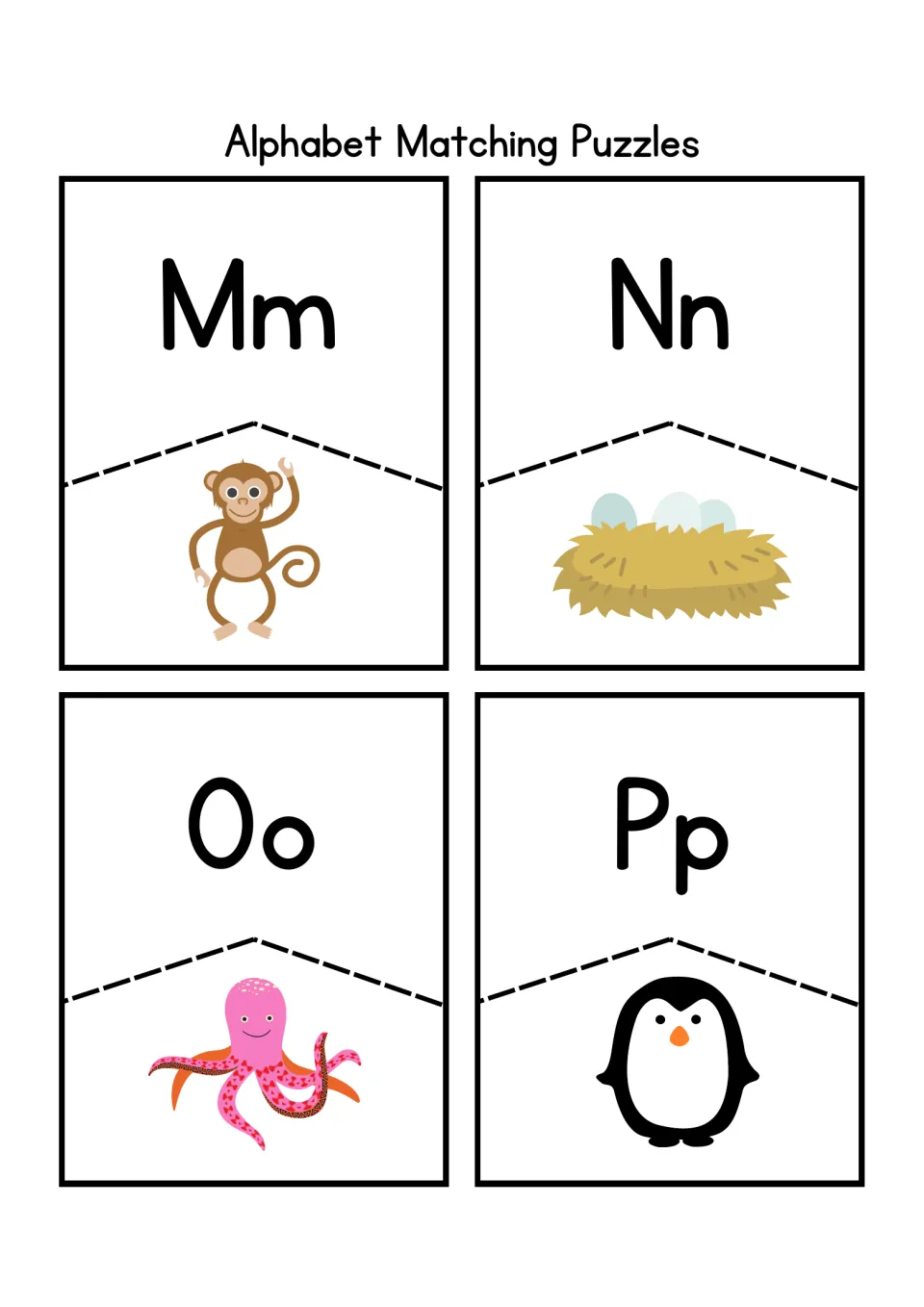 Letter puzzles Mm to Pp: students match each cut-apart letter to its picture of monkey, nest, octopus or penguin