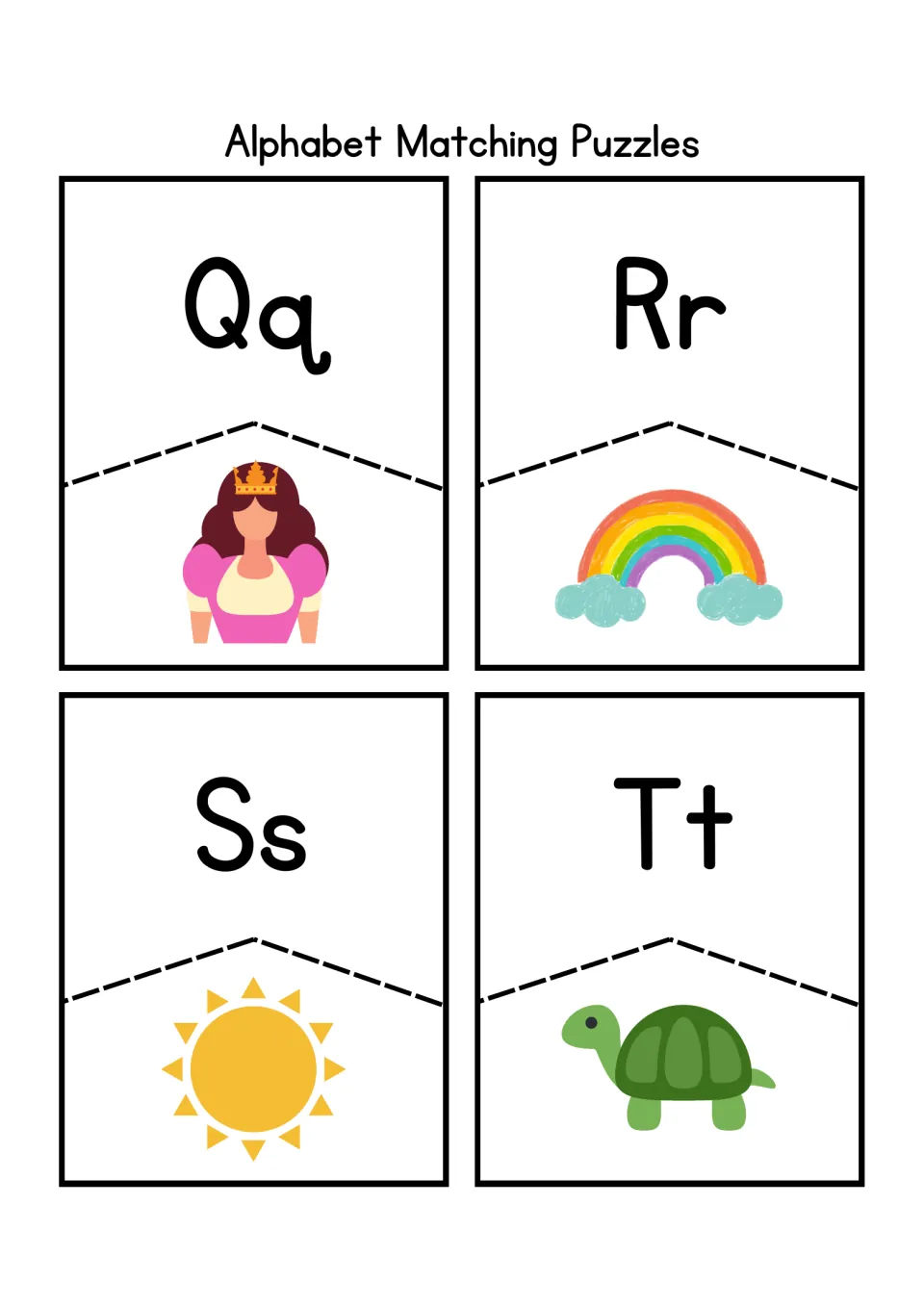 Letter puzzles Qq to Tt: students join each letter to its beginning-sound picture of queen, rainbow, sun or turtle