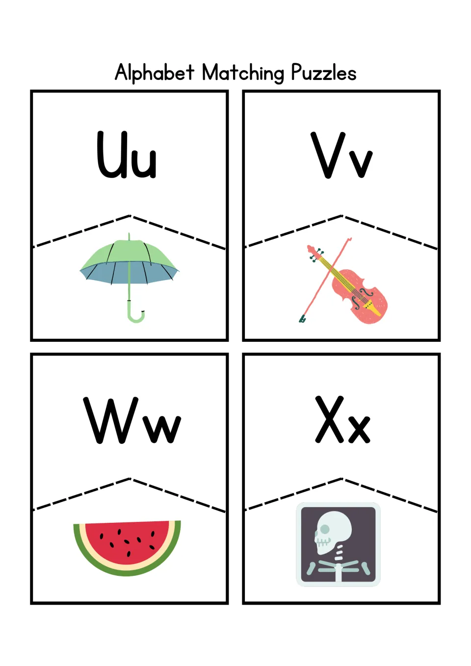 Letter puzzles Uu to Xx: students pair each letter with a picture of umbrella, violin, watermelon or x-ray