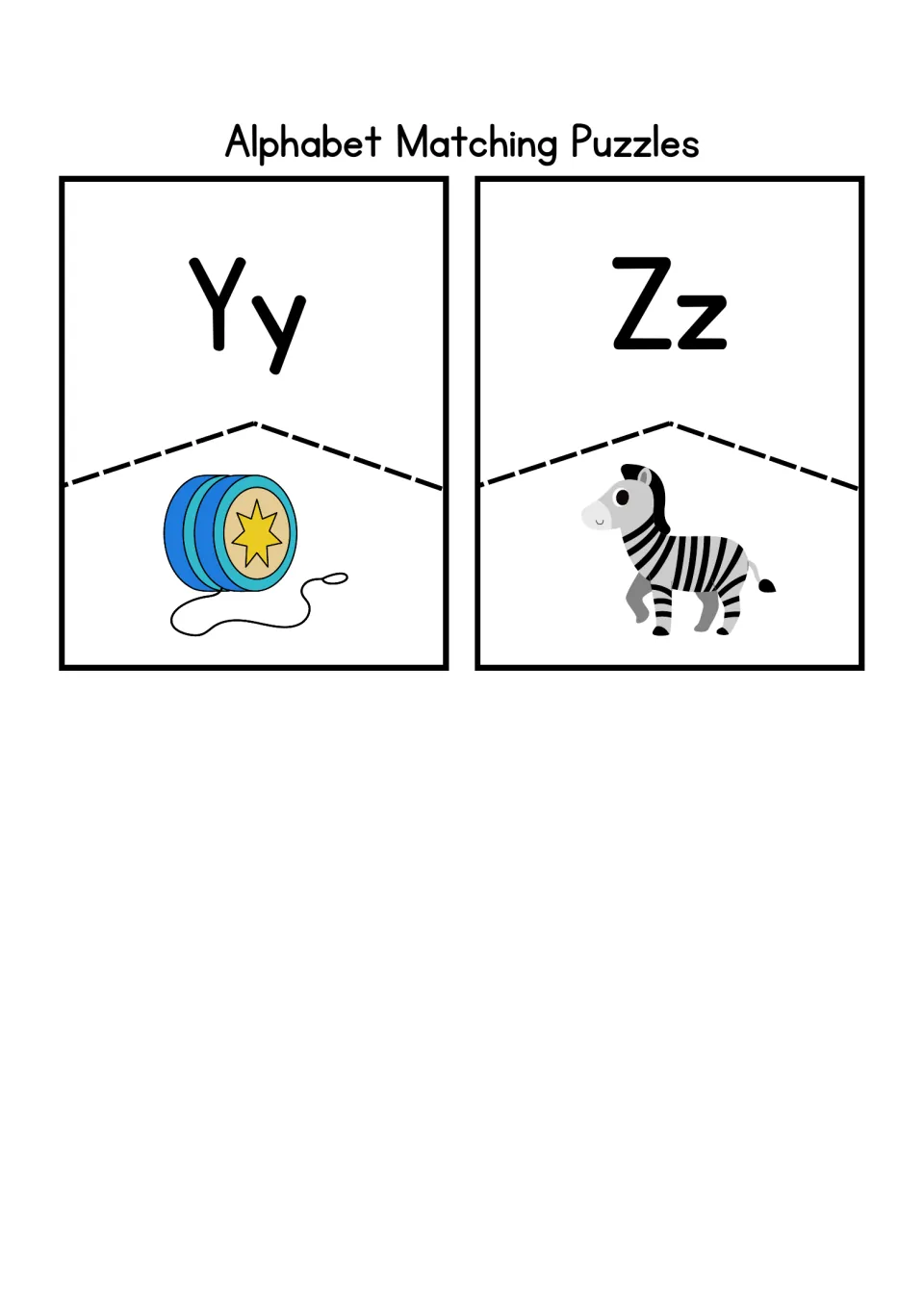Final letter puzzles Yy and Zz: students cut and match each letter to its picture of a yo-yo or a zebra