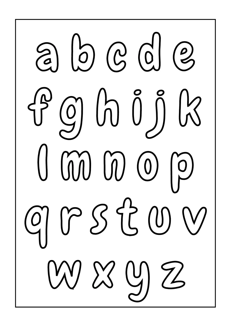 Lowercase alphabet coloring page: students color the 26 bubble-outline small letters a to z to practise letter recognition