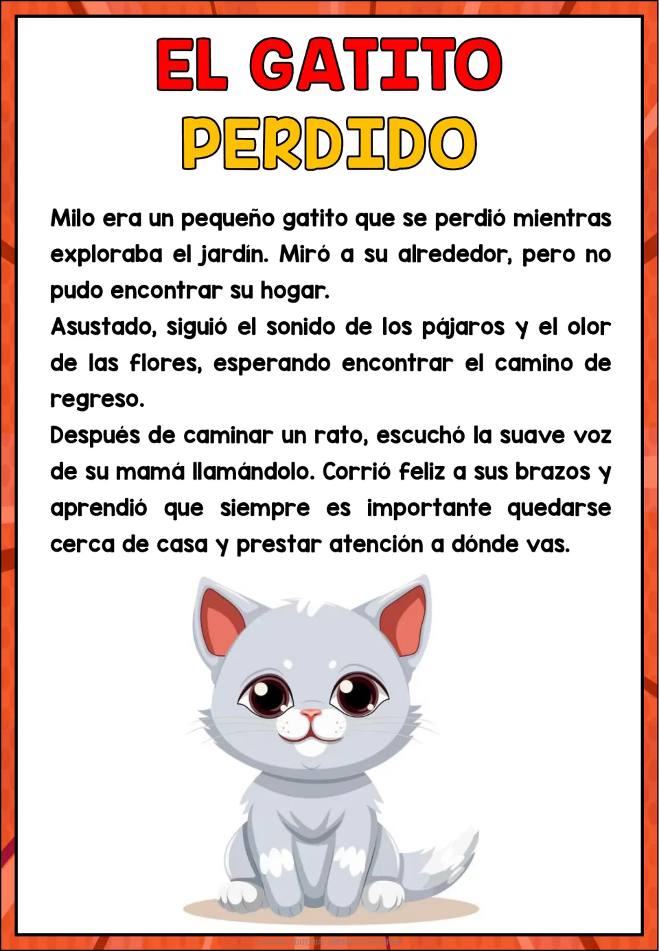 Spanish passage 'El gatito perdido' (The Lost Kitten): Milo gets lost in a garden and hears his mother.