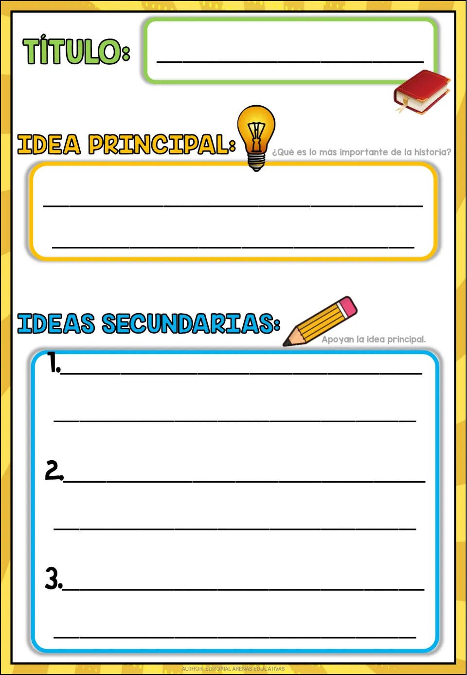 Blank Spanish reading chart for a title, “idea principal” (main idea), and three supporting details