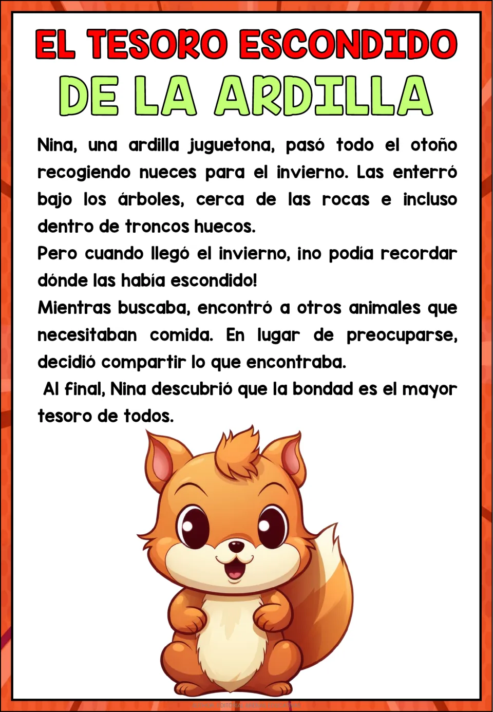 Spanish story 'El tesoro escondido de la ardilla' (The Squirrel's Hidden Treasure): Nina learns to share