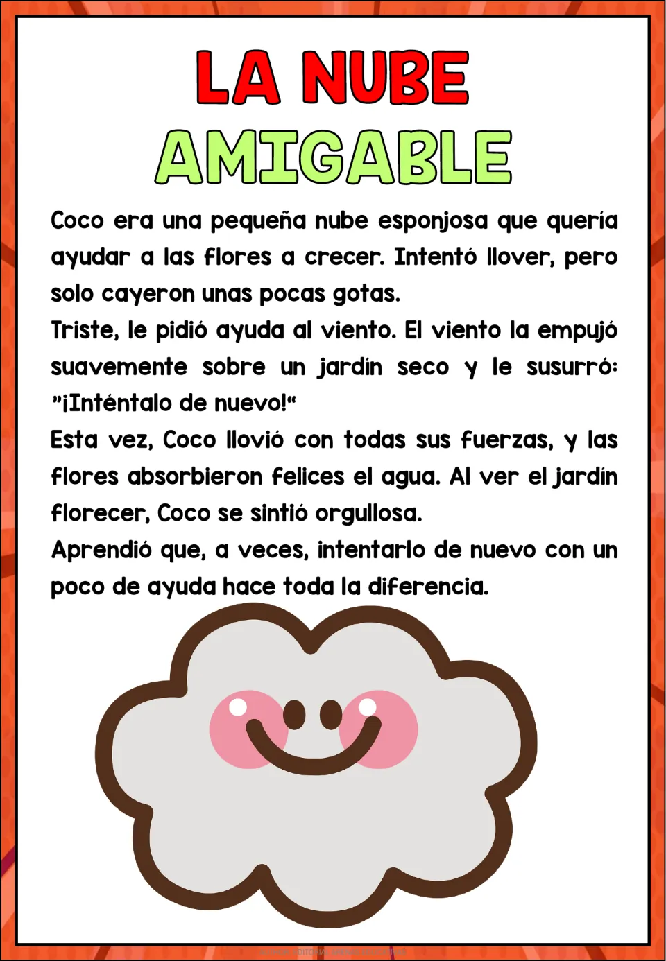 Spanish story 'La nube amigable' (The Friendly Cloud): Coco tries again with the wind's help to water flowers.