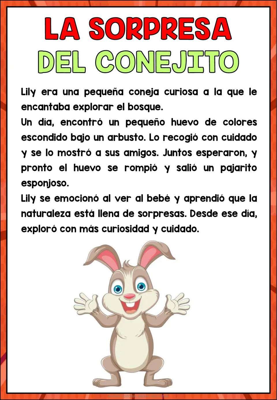 Spanish reading passage: Lily, a curious bunny, finds a colorful egg under a bush that hatches into a fluffy baby bird