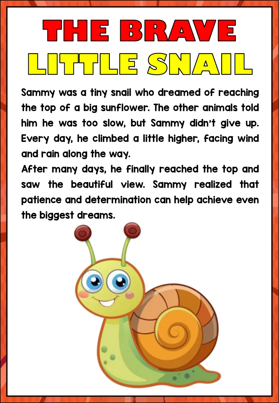 Reading passage 'The Brave Little Snail': Sammy climbs a sunflower and learns patience and determination