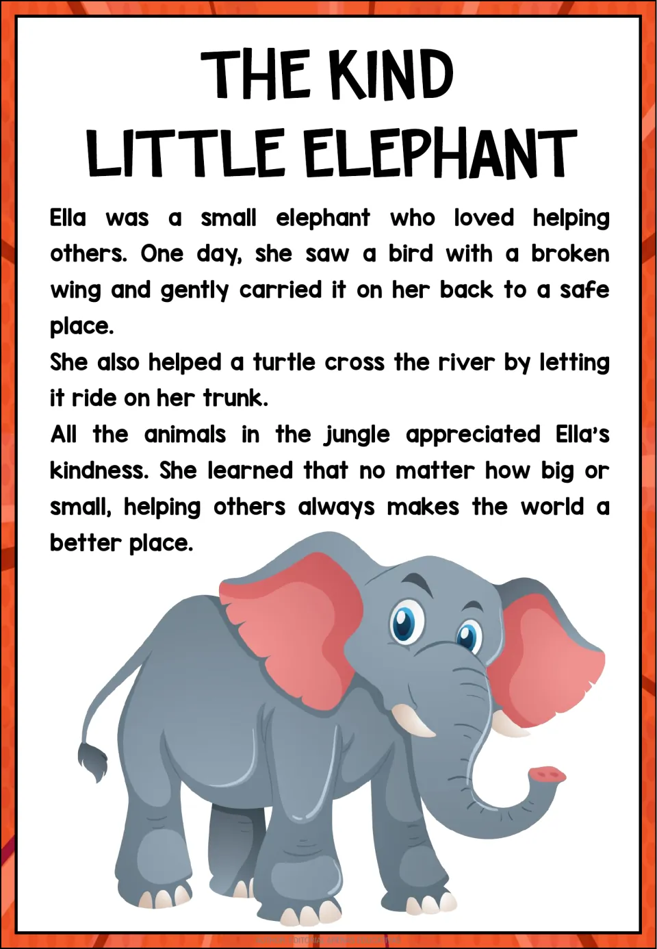 Reading passage 'The Kind Little Elephant': Ella helps a bird with a broken wing and a turtle cross a river