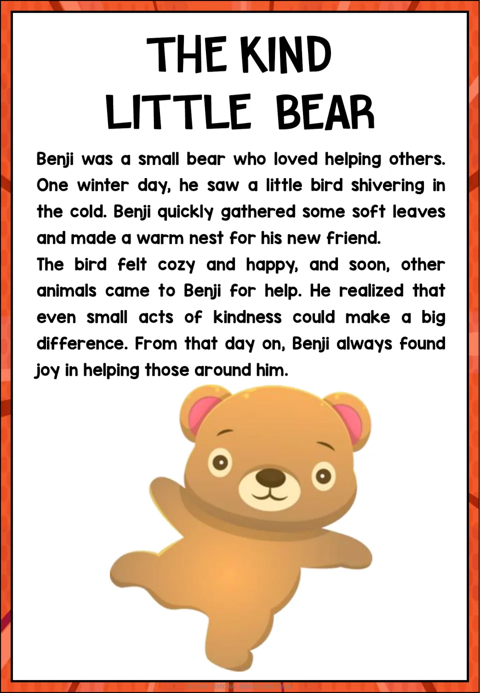 The Kind Little Bear reading passage: Benji makes a warm nest for a cold bird and finds joy in helping others