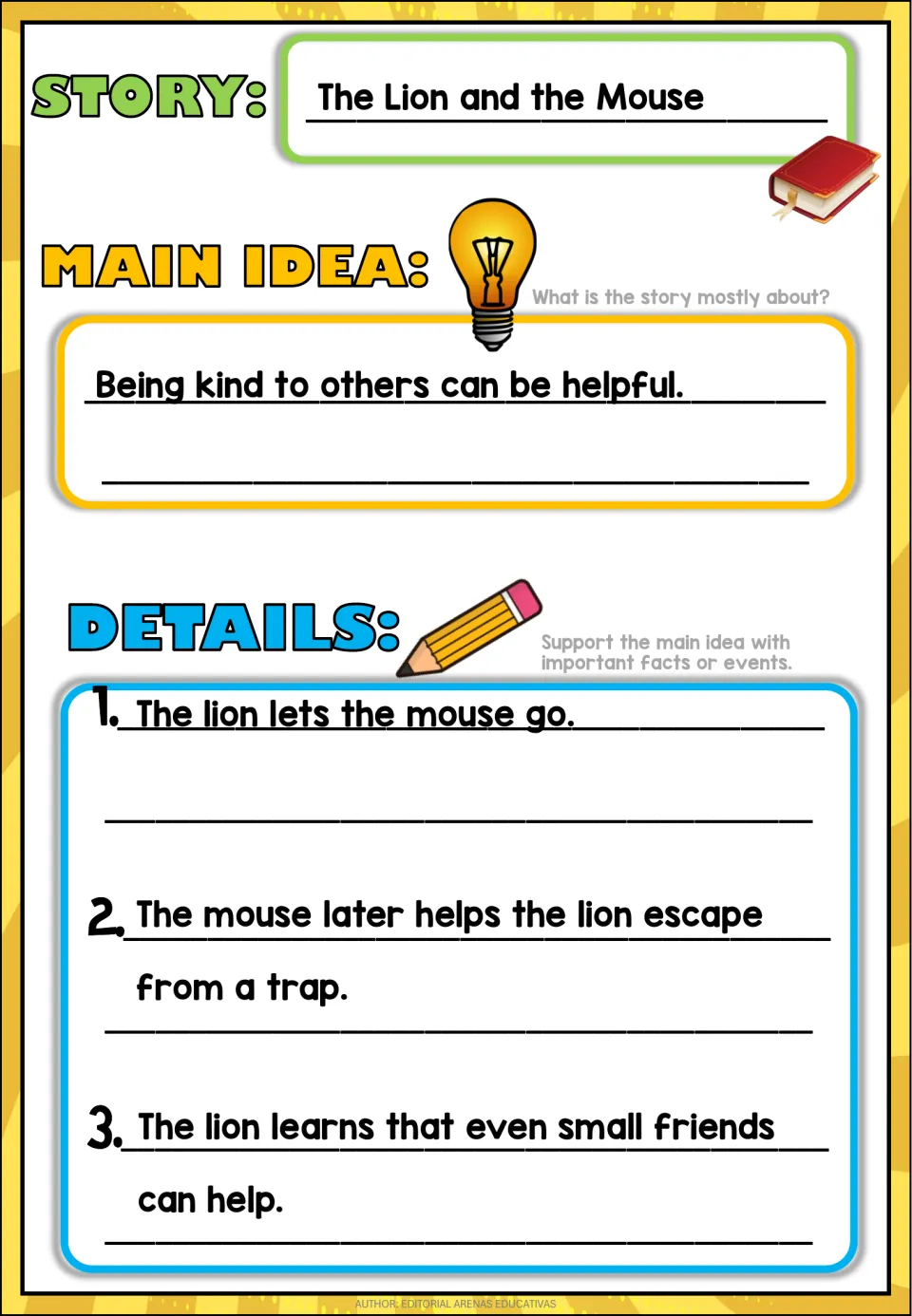 Completed chart for 'The Lion and the Mouse' gives kindness as the main idea and three supporting details.