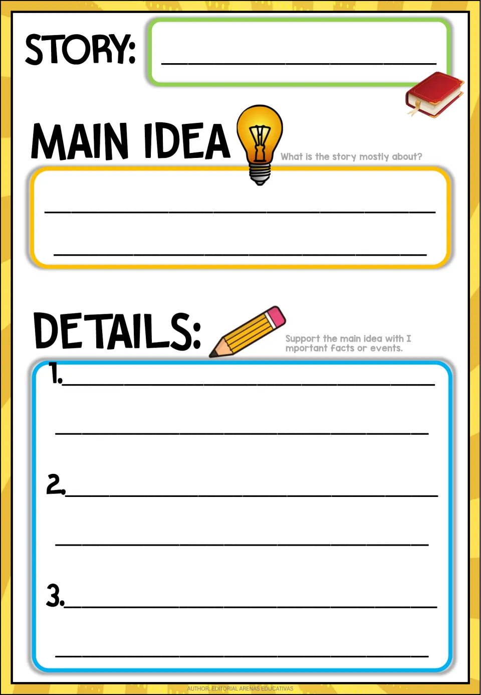 Blank reading chart asks for the story title, its main idea, and three supporting facts or events.