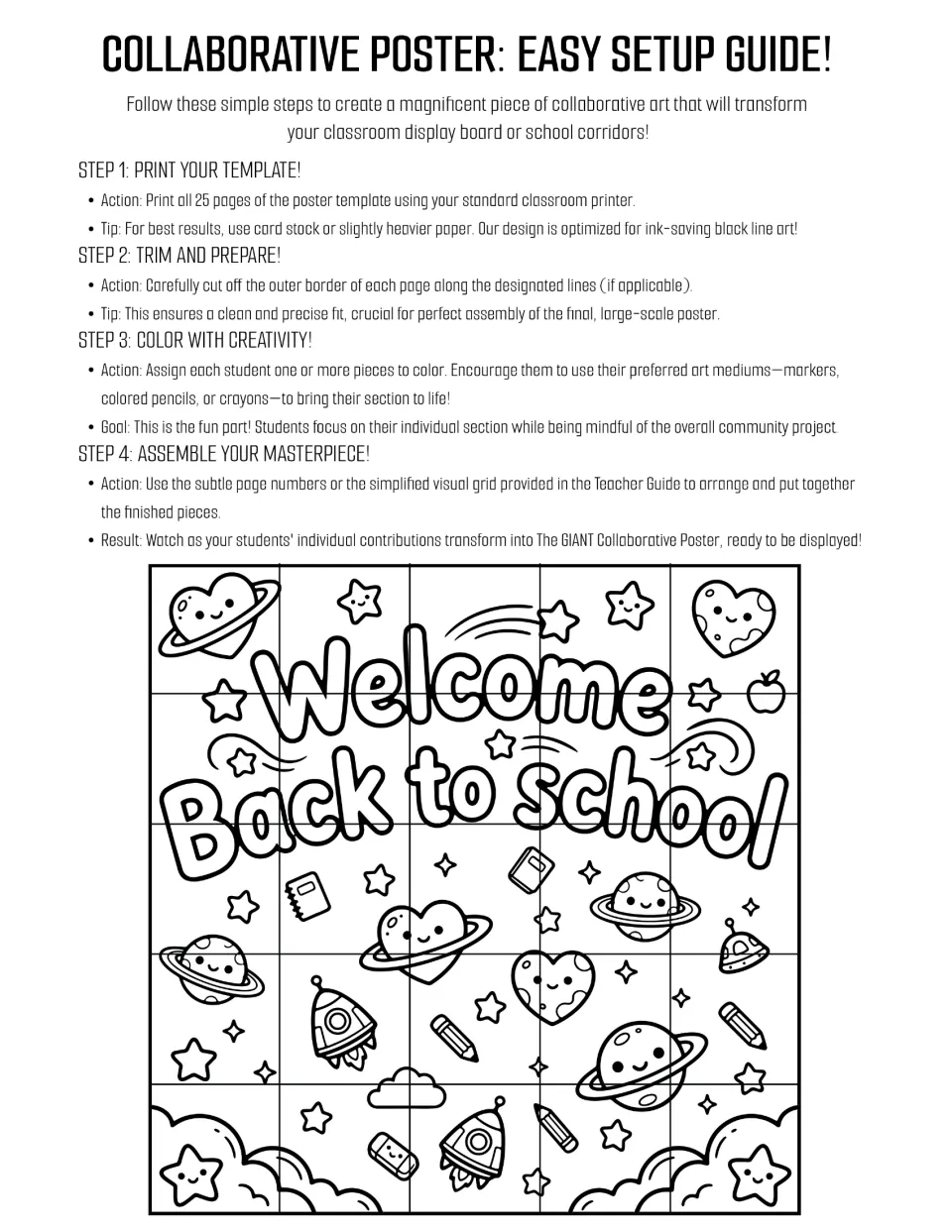 Poster setup guide: four steps to print, trim, color and assemble 25 pages into a space Welcome Back to School sign