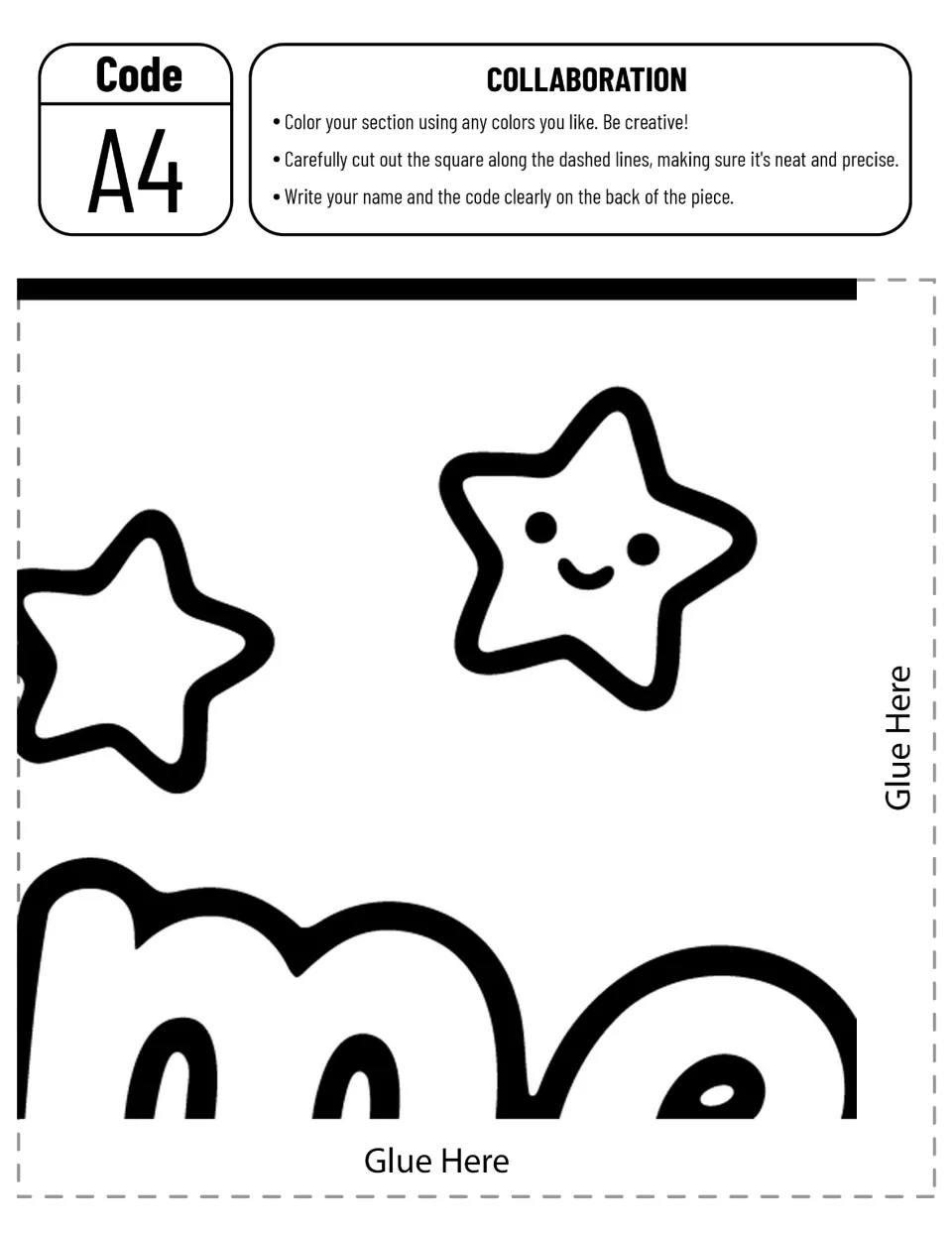 Poster piece A4 cut-out piece: two stars, one smiling, over the letters m and e from Welcome for a student to color