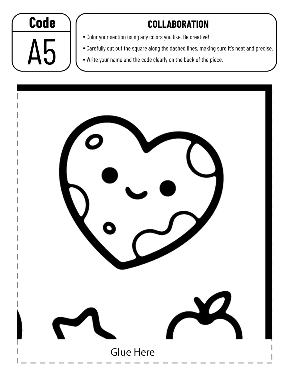 Poster piece A5 cut-out piece: smiling heart-shaped planet and an apple at top right, to color, cut out and label