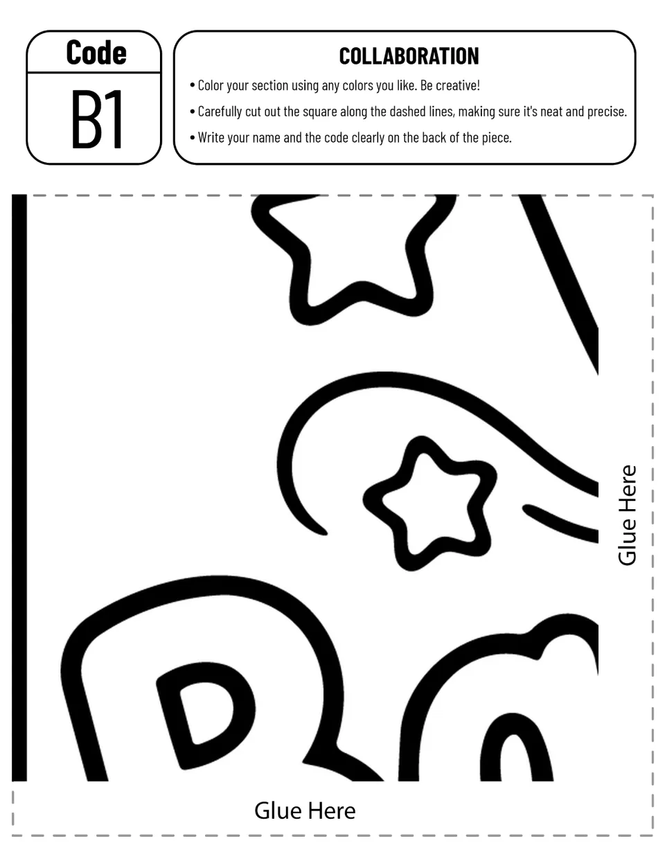 Poster piece B1 cut-out piece: two stars, a swoosh and the start of the letter B from Back for a student to color