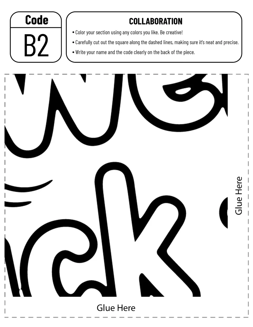 Poster piece B2 cut-out piece: bottom of the Welcome letters above the c and k of Back, ready to color and trim