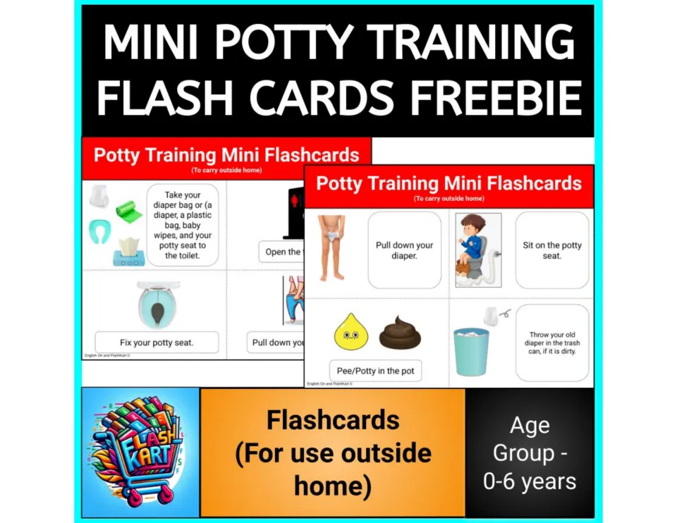 Cover of the mini potty training flashcard freebie, showing sample routine cards for use outside home