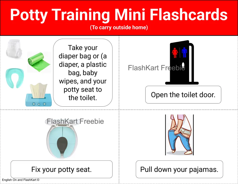 Color routine cards 1–4: bring bathroom supplies, open the toilet door, fit the potty seat, and lower pajamas