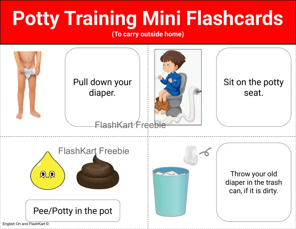 Color routine cards 5–8: lower the diaper, sit on the potty seat, pee or poop, and throw away a dirty diaper