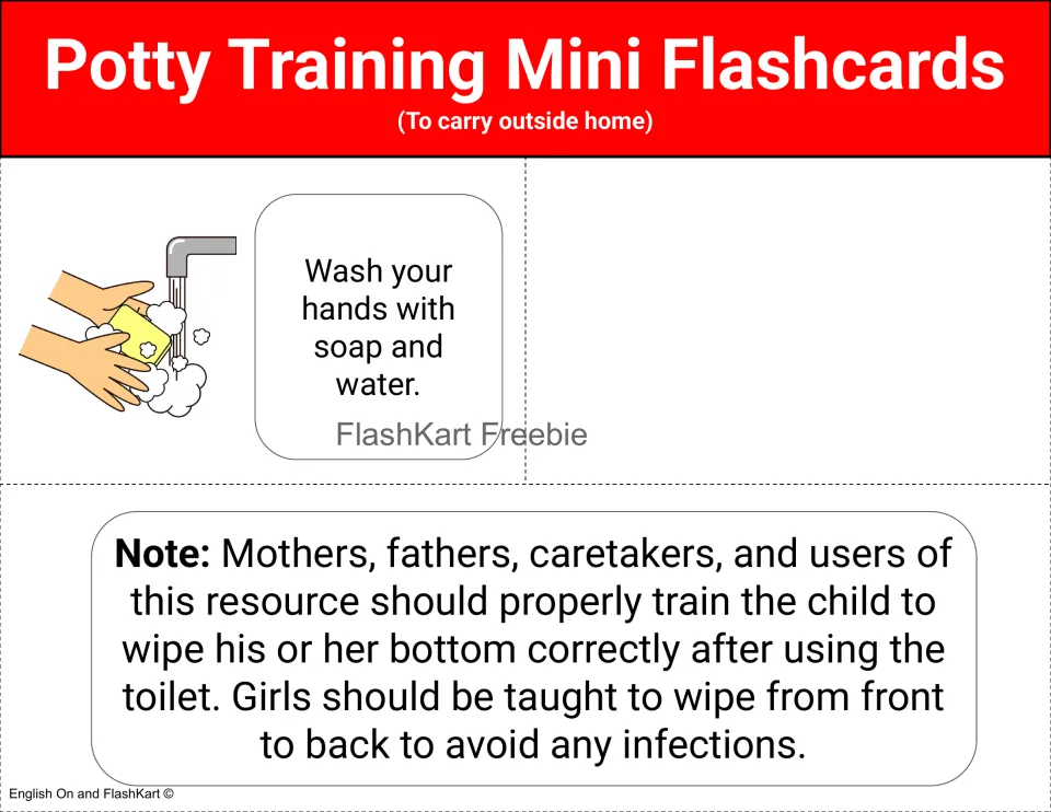 Color routine card 11: wash hands with soap and water; a caregiver note explains teaching correct wiping