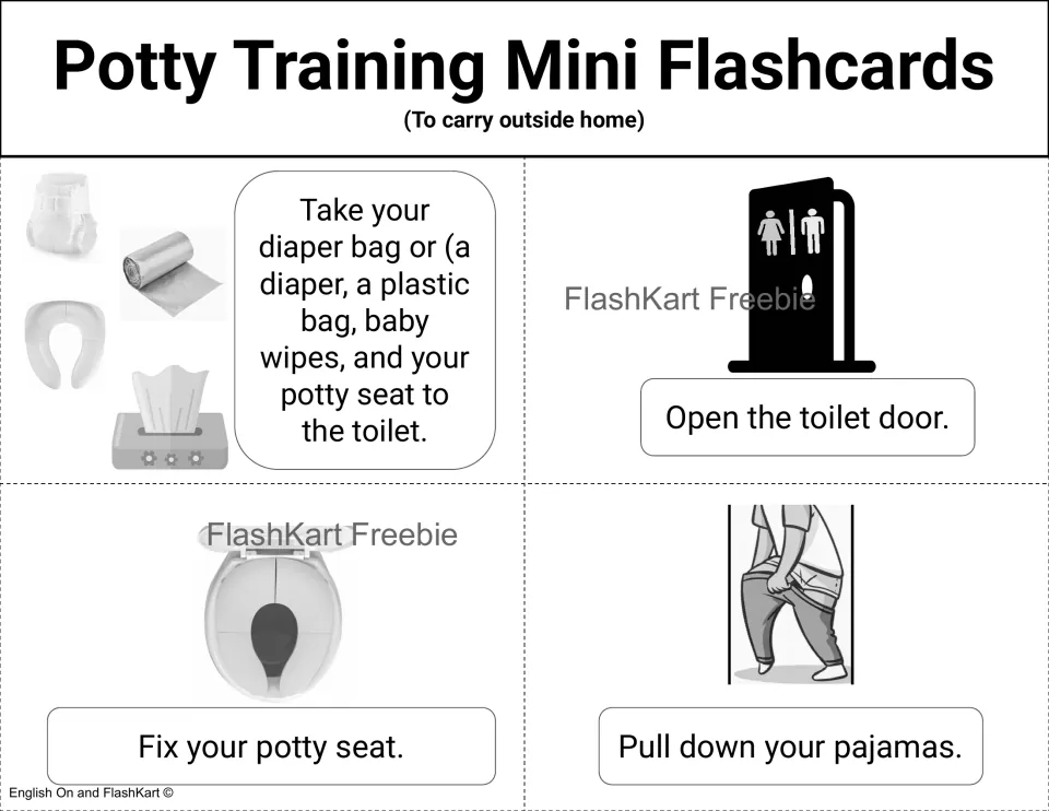 Black-and-white cards 1–4: bring supplies, open the toilet door, fit the potty seat, and pull down pajamas