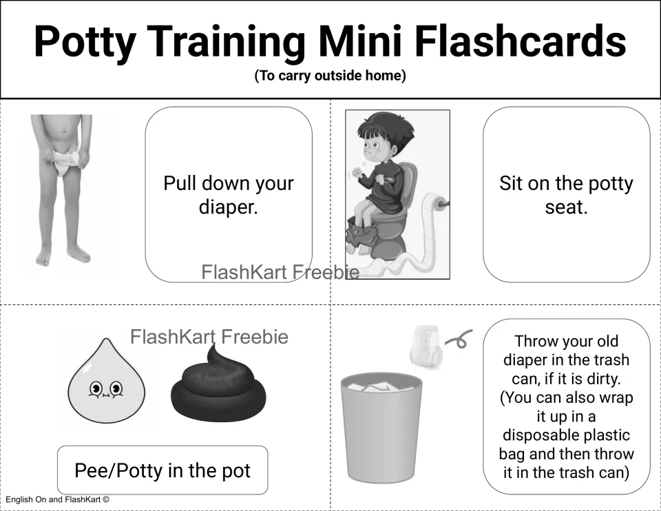 Black-and-white cards 5–8: lower the diaper, sit on the potty, pee or poop, and dispose of a dirty diaper
