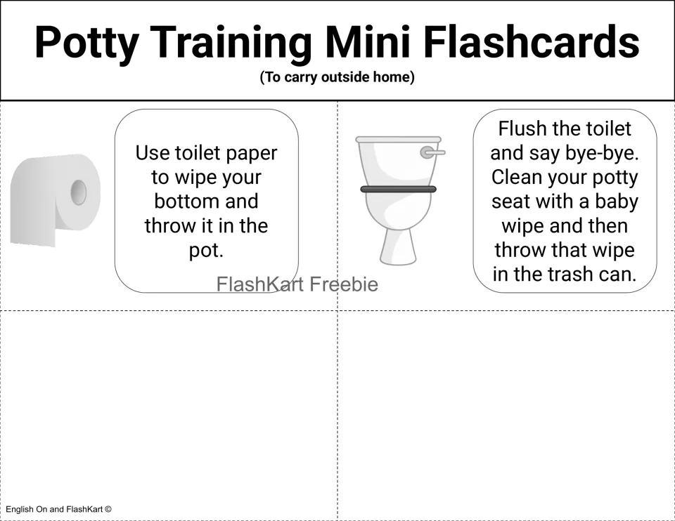 Black-and-white cards 9–10: wipe with toilet paper, flush, clean the potty seat, and put the wipe in the trash