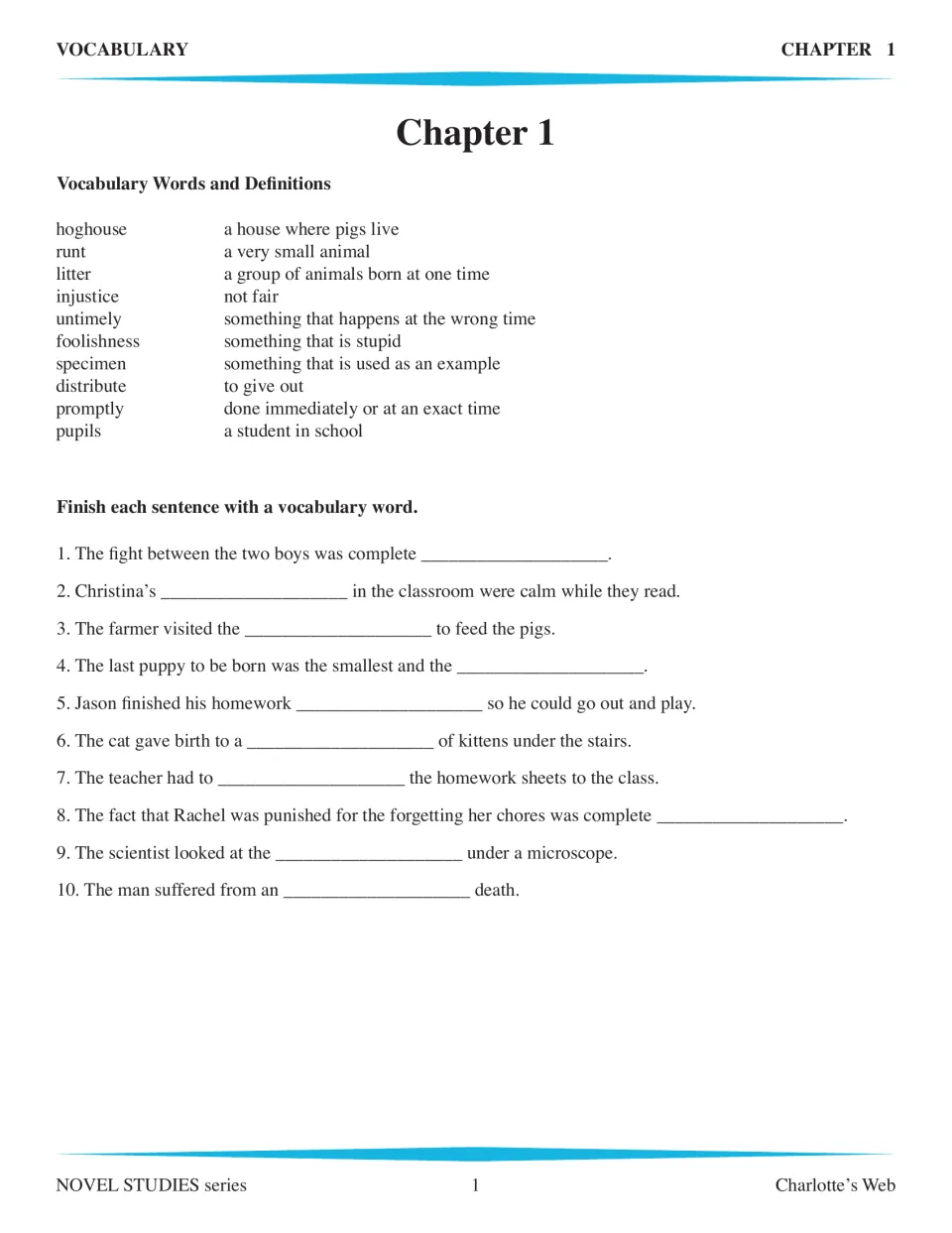 Charlotte's Web Chapter 1 vocabulary: students use 10 words such as runt, litter and hoghouse to complete sentences