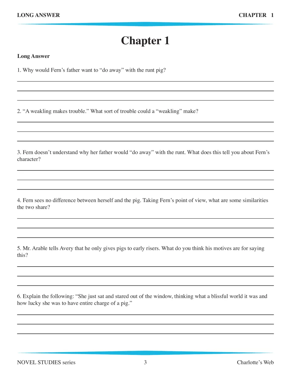 Chapter 1 long answer: six written-response questions on Fern's character, Mr. Arable's motives and a quoted passage