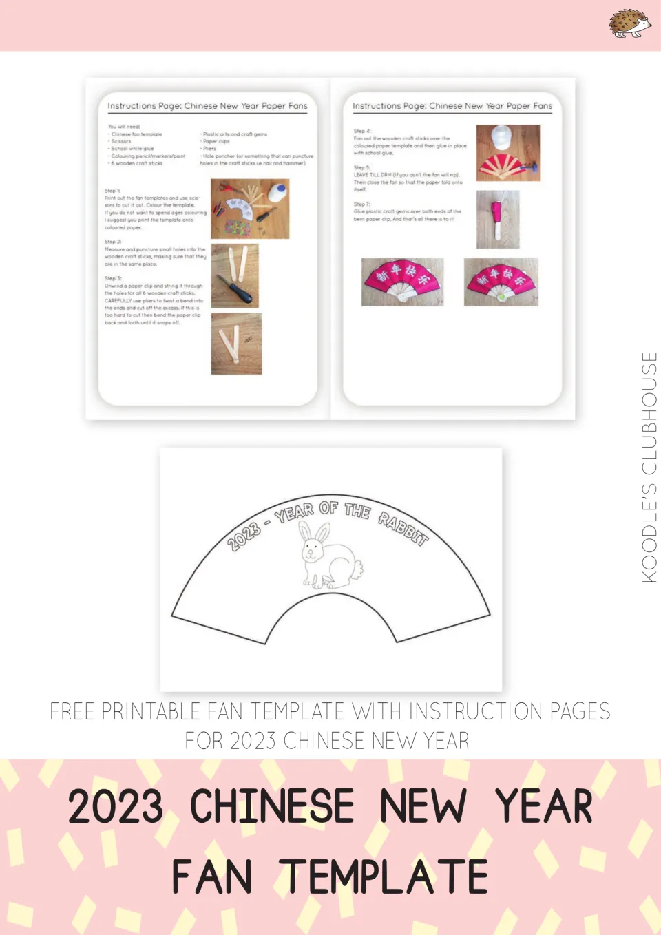 Fan craft cover showing the 2023 Year of the Rabbit template and previews of both instruction pages