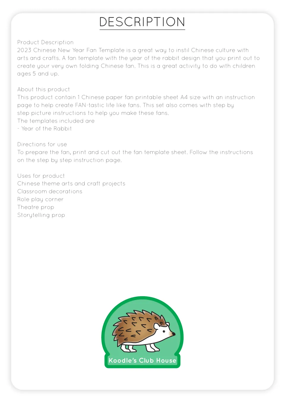 Fan craft overview describing one A4 rabbit template, picture instructions, preparation, and suggested uses