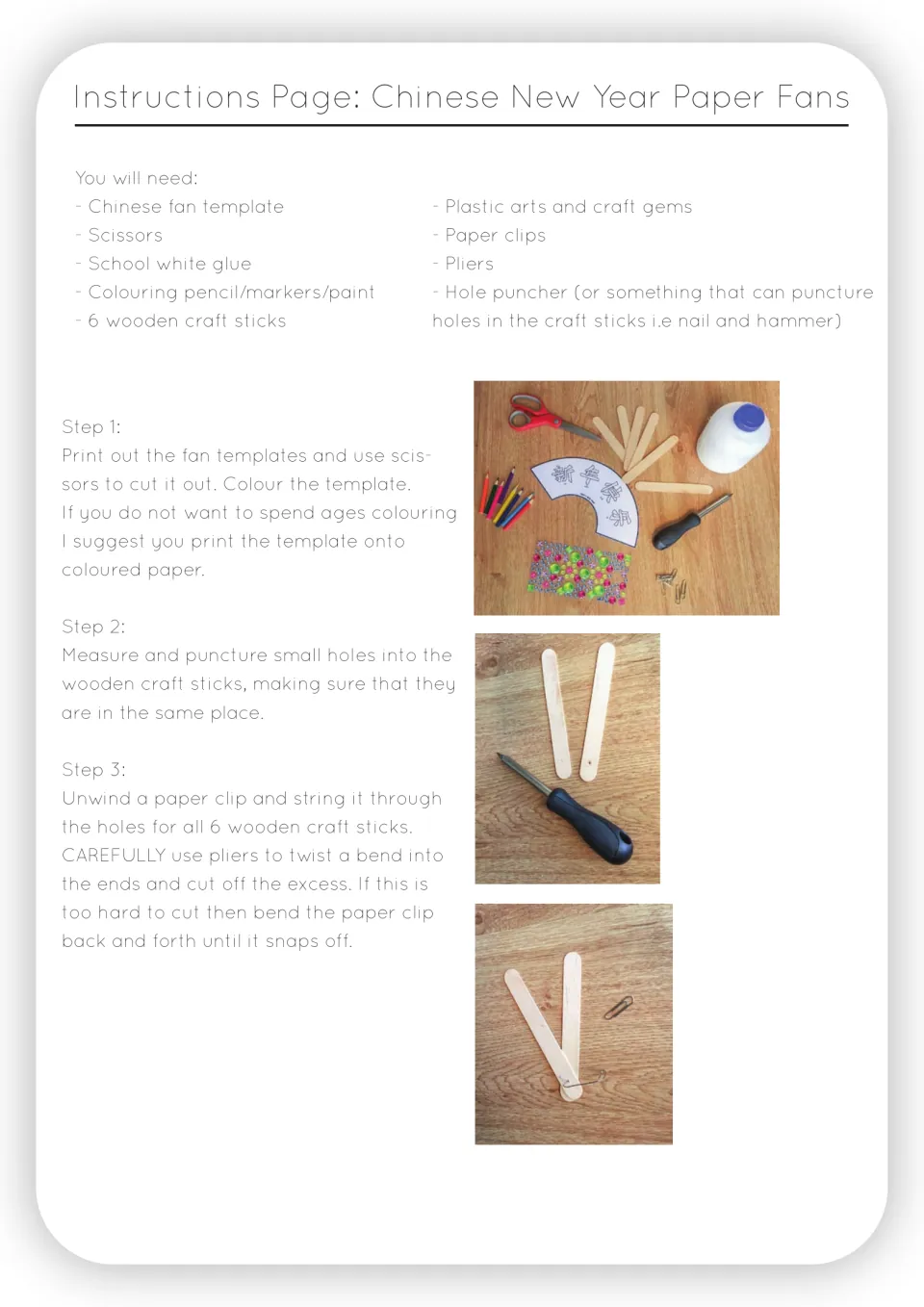 Fan assembly instructions list supplies and steps 1–3: color, cut, pierce craft sticks, and join with wire