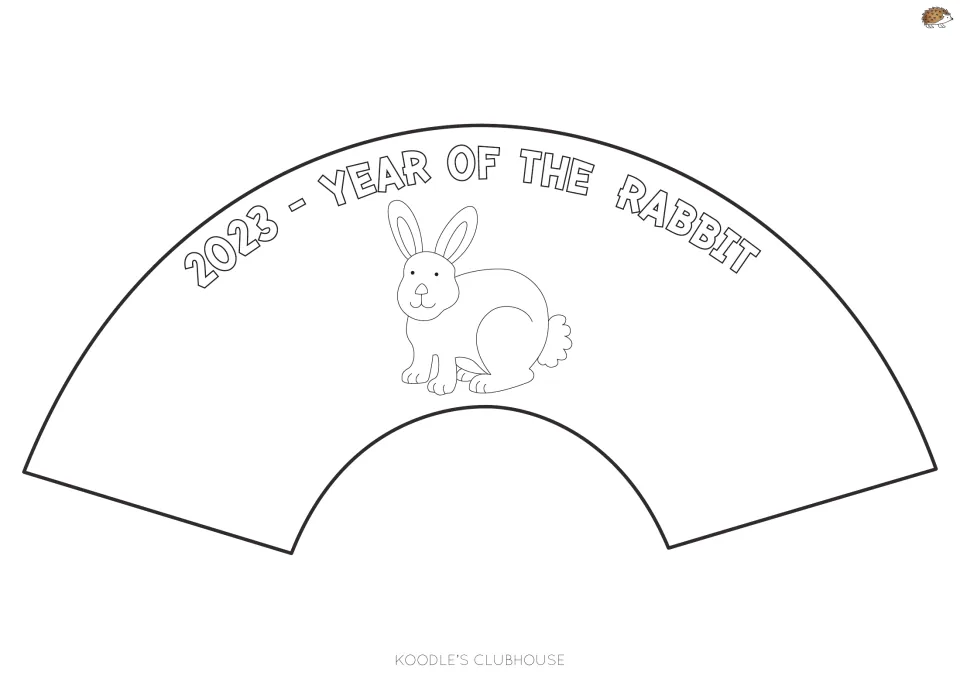 Printable fan craft template with a rabbit to color and the words '2023 - Year of the Rabbit'