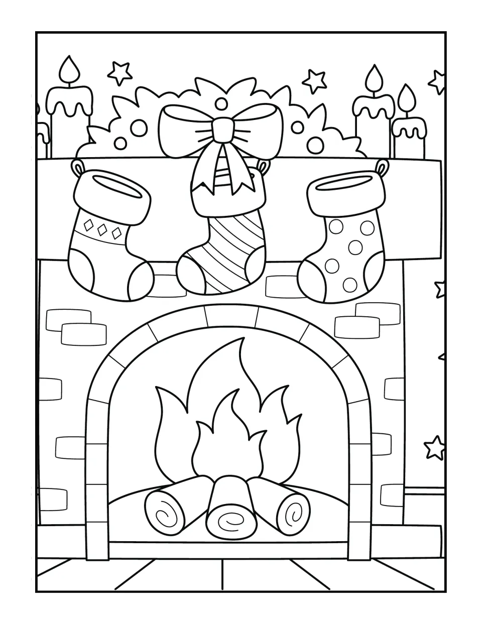 Fireplace coloring scene: students color three stockings on a mantel with a bow, candles and a log fire below